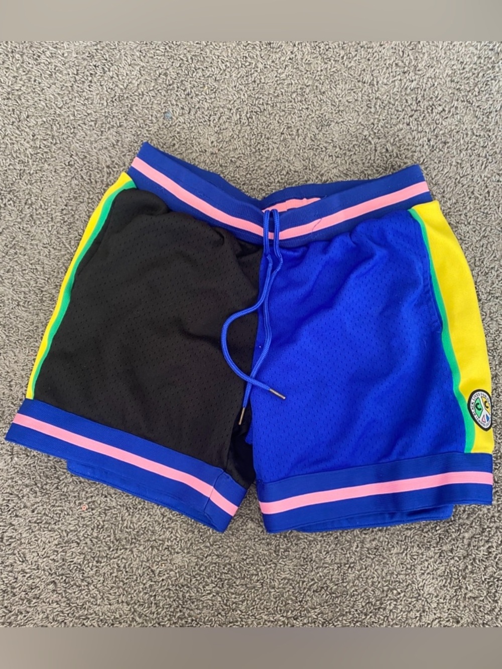 Men's Colorblock Athletic Shorts in Blue and Black with Yellow Trim